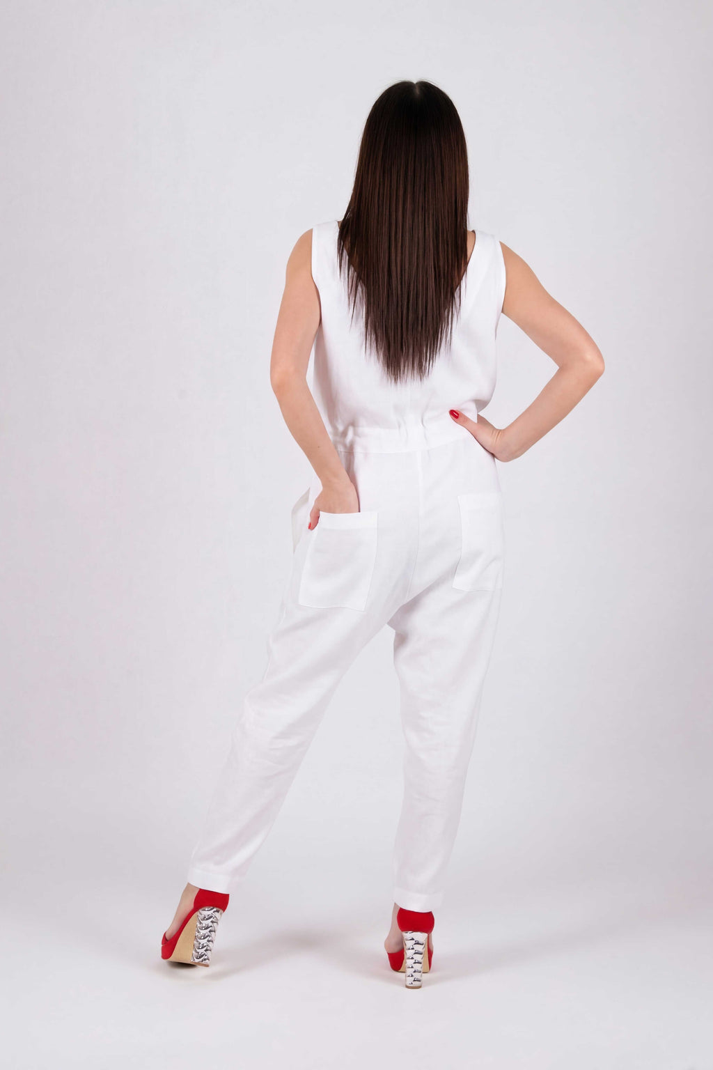 дамски бял ленен гащеризон